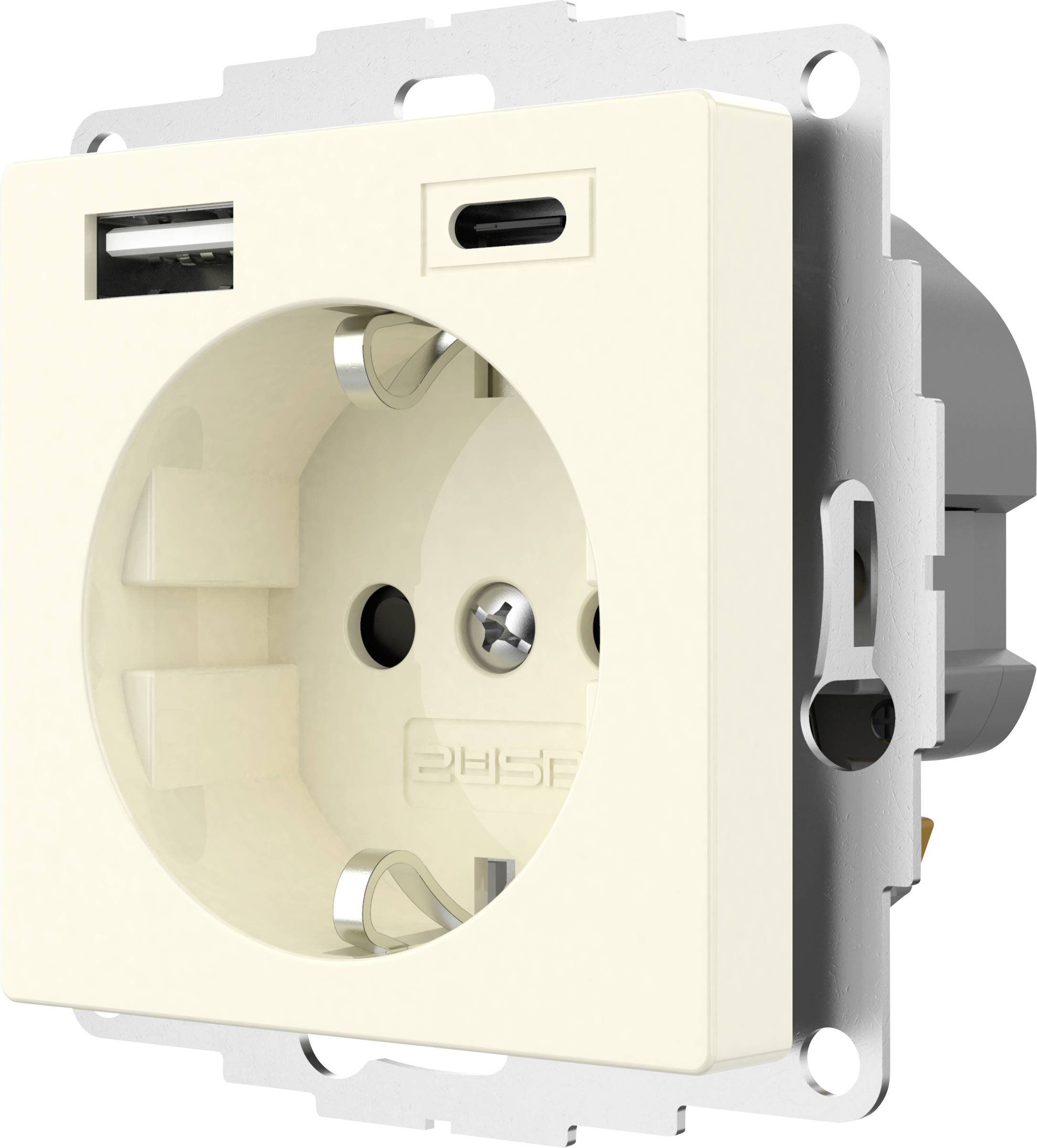 Steckdose mit USB- und USB-C-Anschluss, beigefarben, Wandmontage.