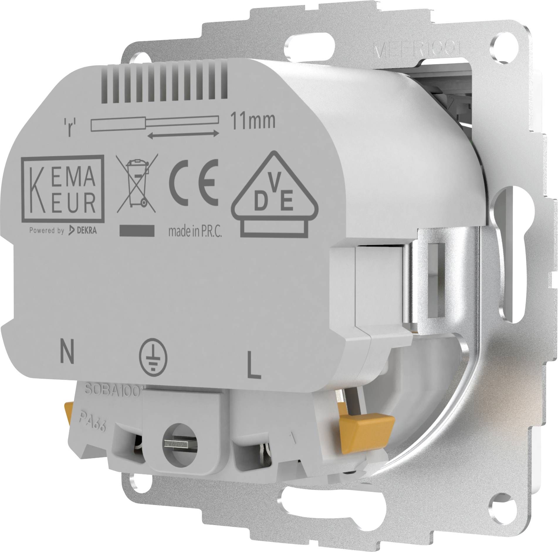 Elektrischer Schalter mit Beschriftung 'KEMA KEUR', CE-Zeichen und Anschlüssen für Neutralleiter (N) und Leiter (L), montierbar.