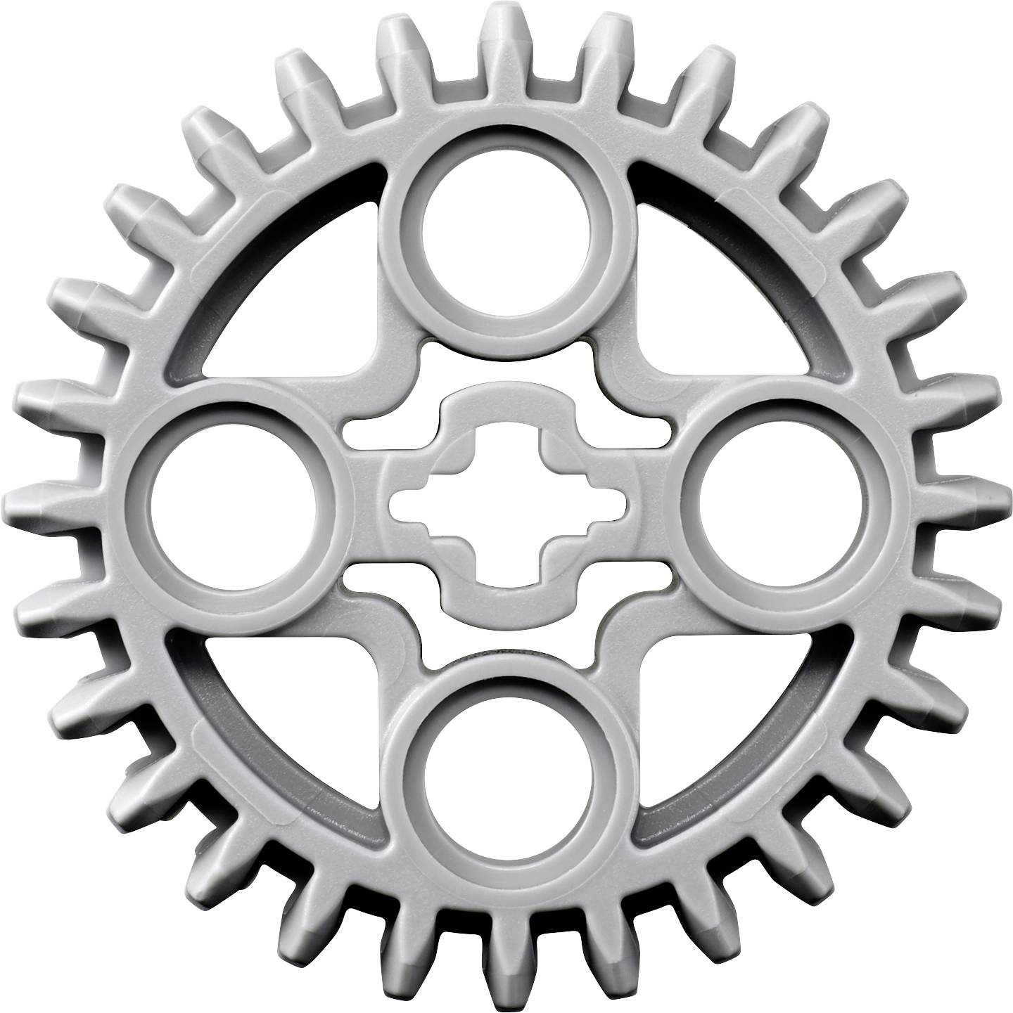 Ein silbernes Zahnrad mit 28 Zähnen, symmetrisch gestaltet, zeigt vier kreisförmige Aussparungen und ein zentrales Kreuzmuster.