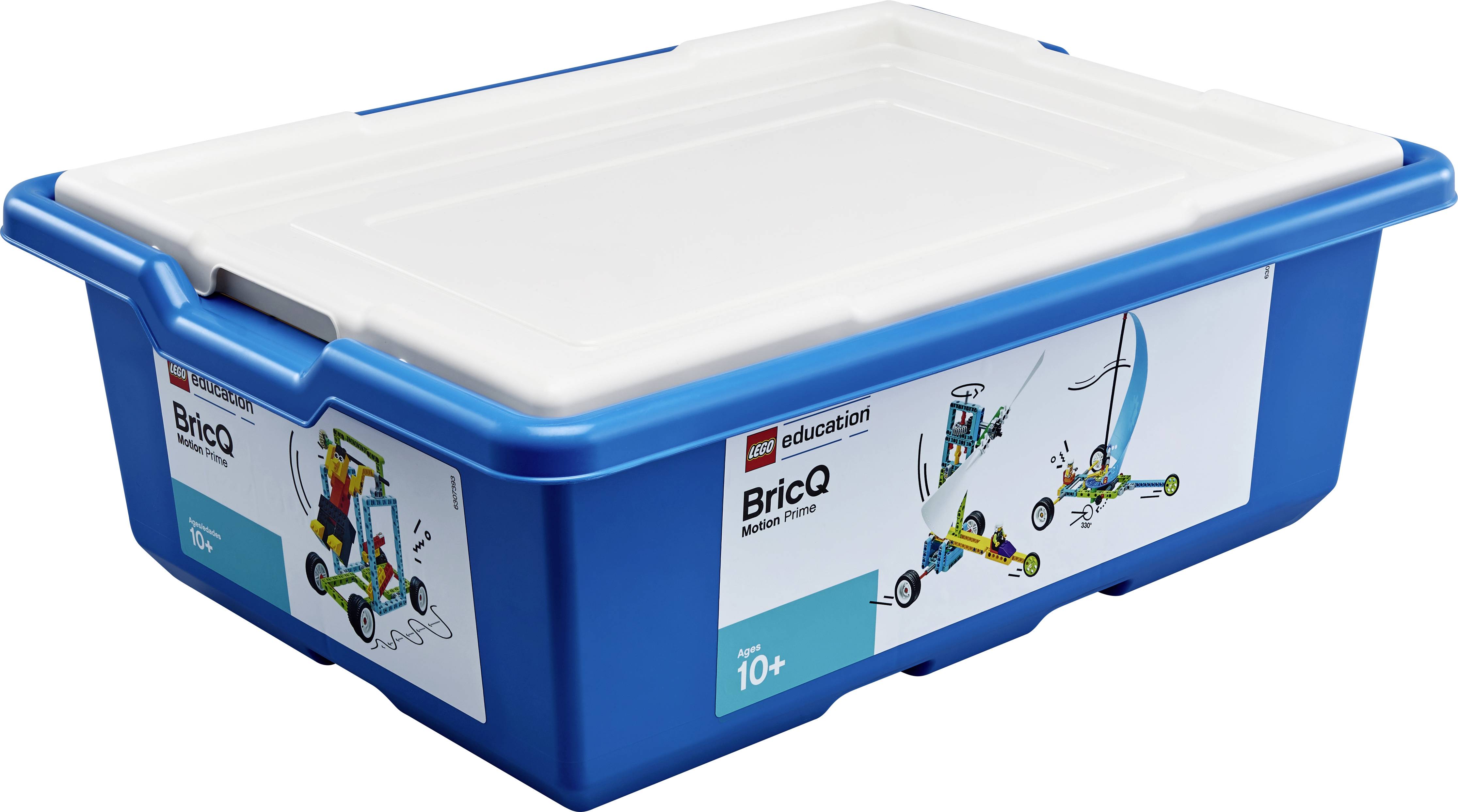 Blaue Kunststoffbox mit der Aufschrift 'LEGO Education BricQ Motion Prime'. Enthält LEGO-Komponenten für Bildungszwecke. Empfohlen ab 10 Jahren.
