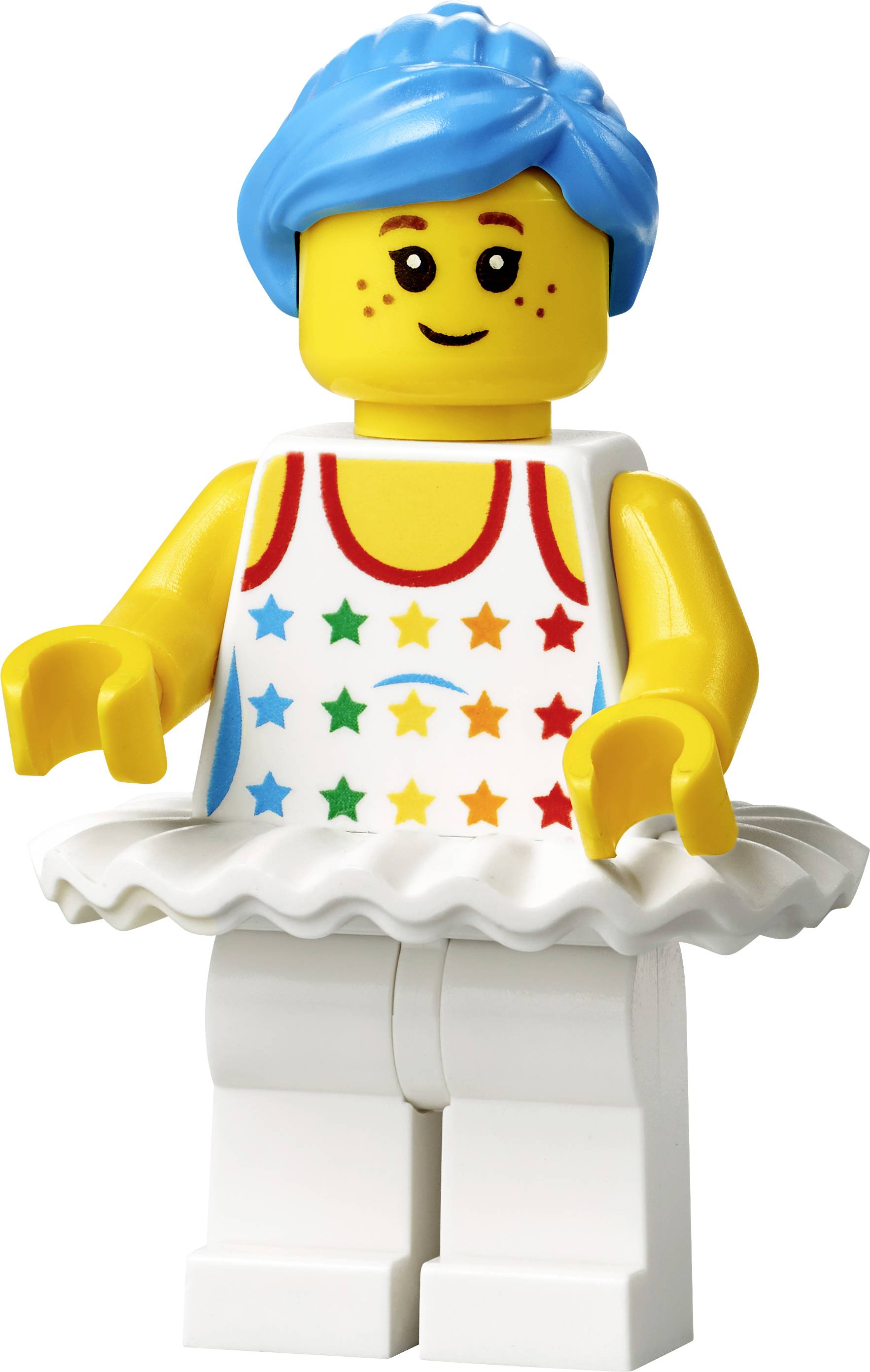 LEGO-Figur mit blauem Haar, gelbem Gesicht, weißen Beinen und einem weißen Oberteil mit bunten Sternen.