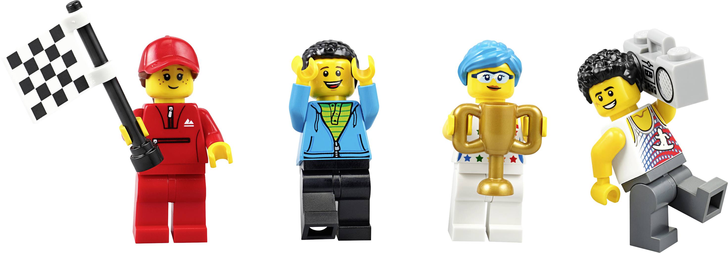 Vier LEGO-Figuren, jede mit einzigartiger Kleidung: Rennfahrer mit Flagge, Figur mit blauer Jacke, Sieger mit Pokal, Tänzer mit Boombox.
