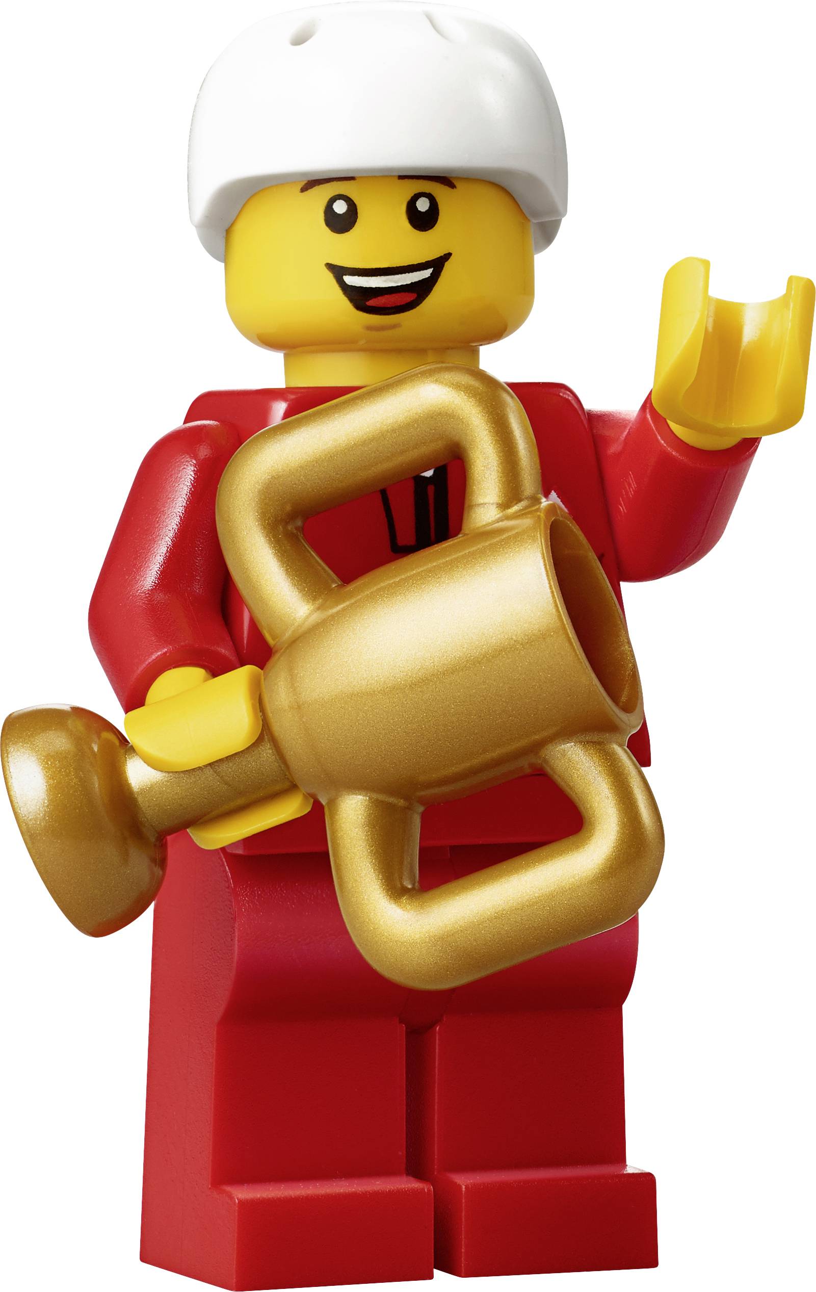 Ein lächelnder Lego-Figur mit rotem Anzug und weißem Helm hält eine goldene Trophäe in der Hand, hebt die andere Hand.