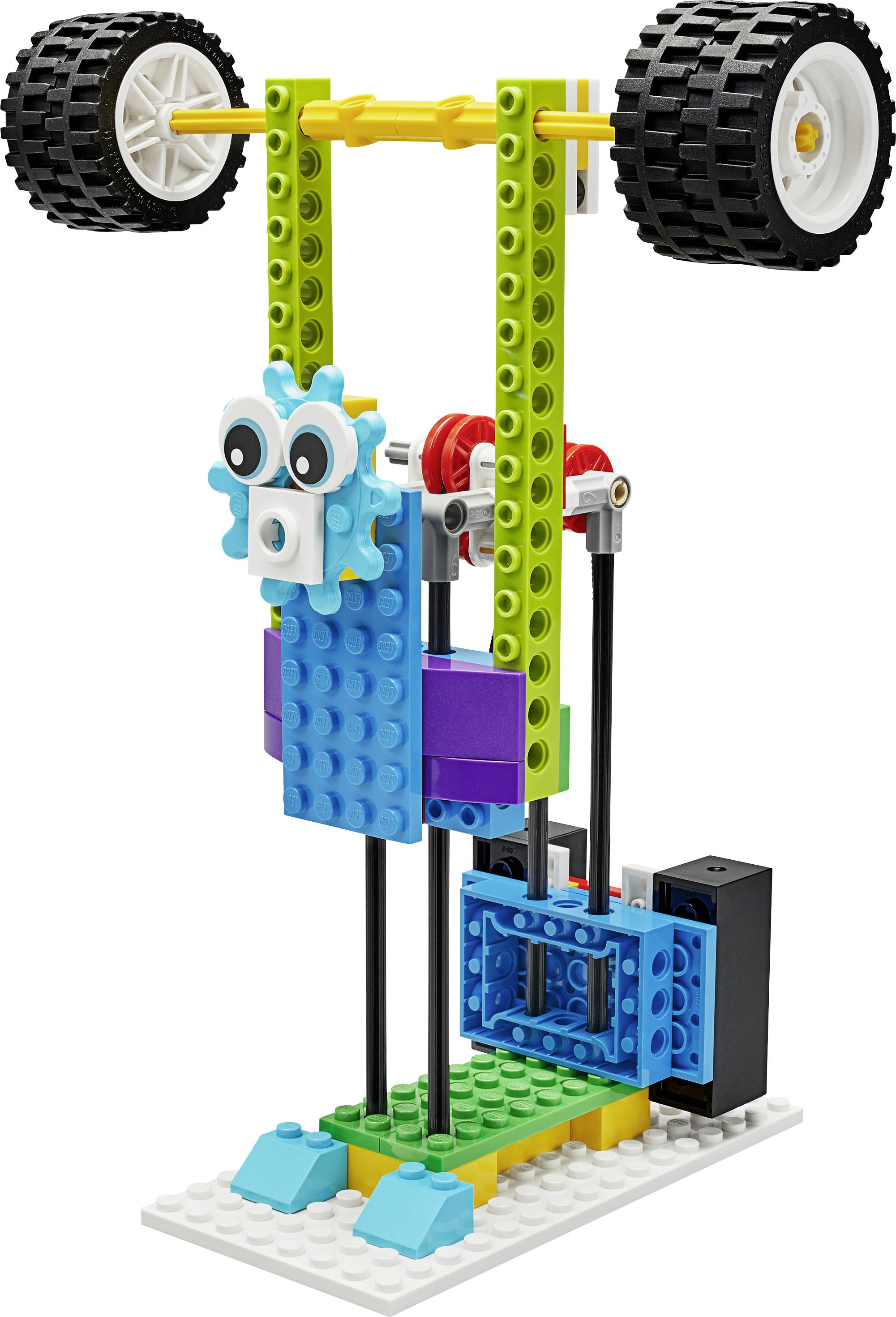 Bunte LEGO-Konstruktion: Ein roboterähnliches Gebilde mit Zahnrädern und Rädern oben, auf rechteckiger Basis platziert.