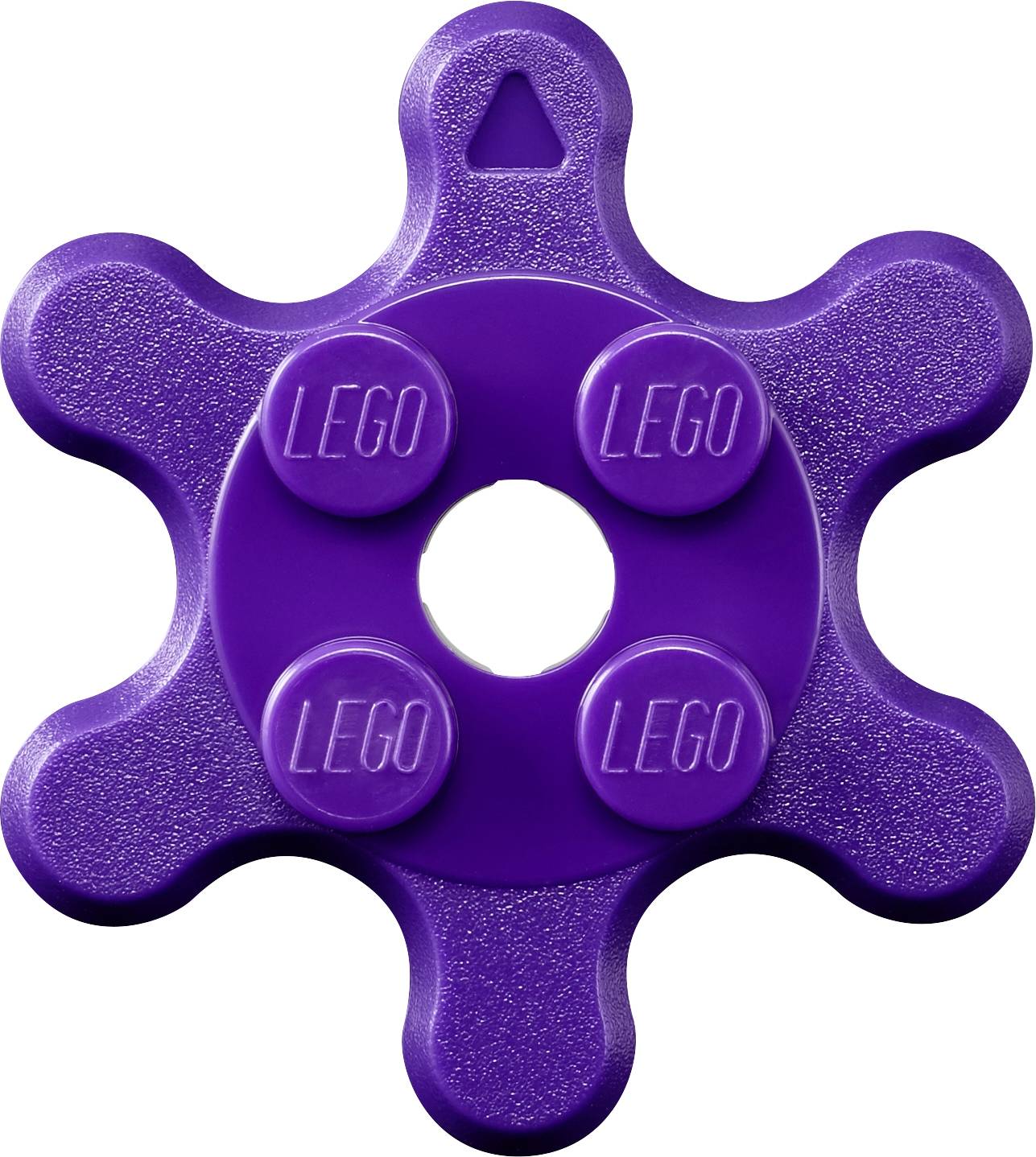 Lila LEGO-Teil in Form eines Zahnrads mit sechs abgerundeten Armen und einem Loch in der Mitte.