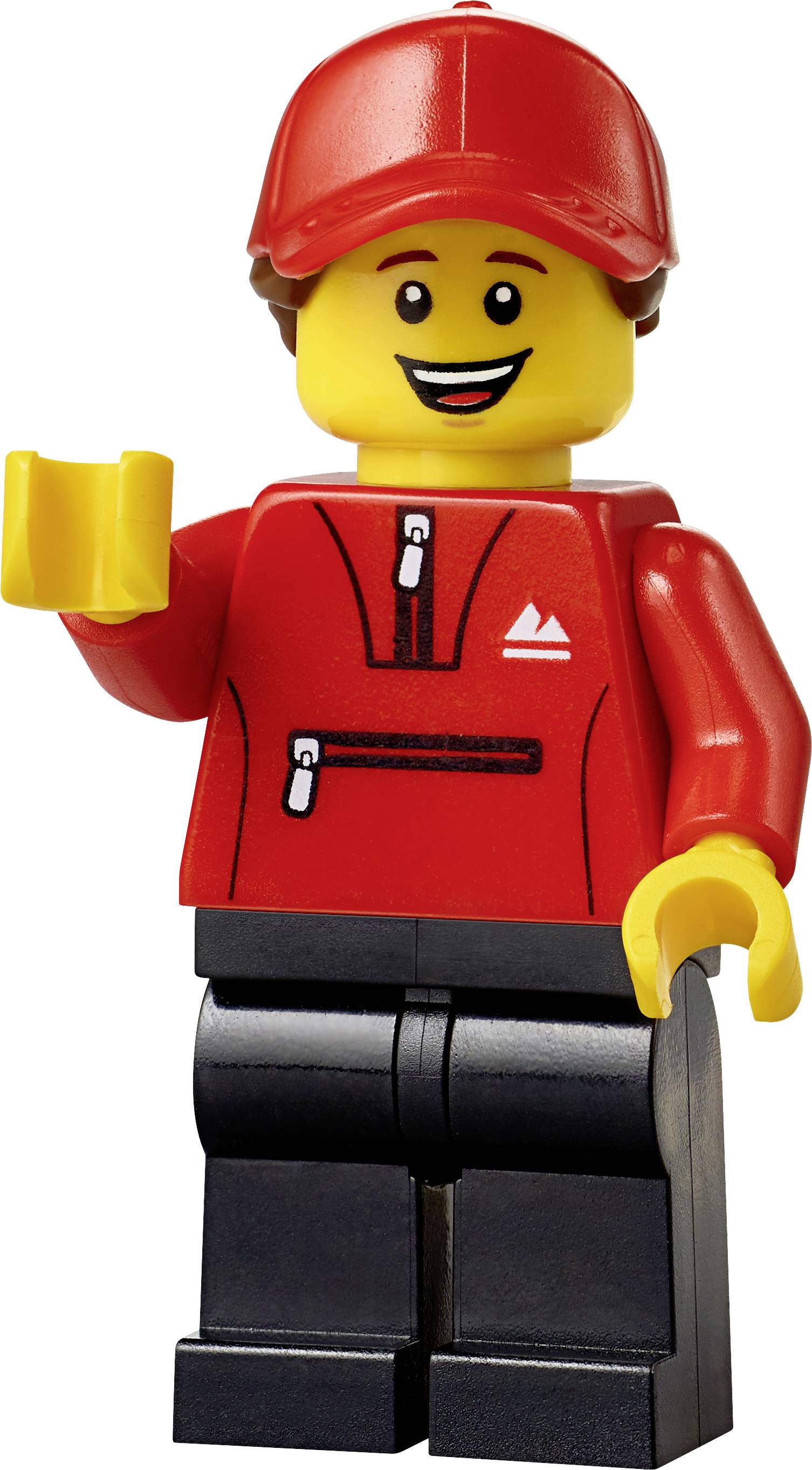 Eine LEGO-Figur mit rotem Hut und Jacke lächelt und hebt die Hand, als ob sie winkt. Sie trägt schwarze Hosen.