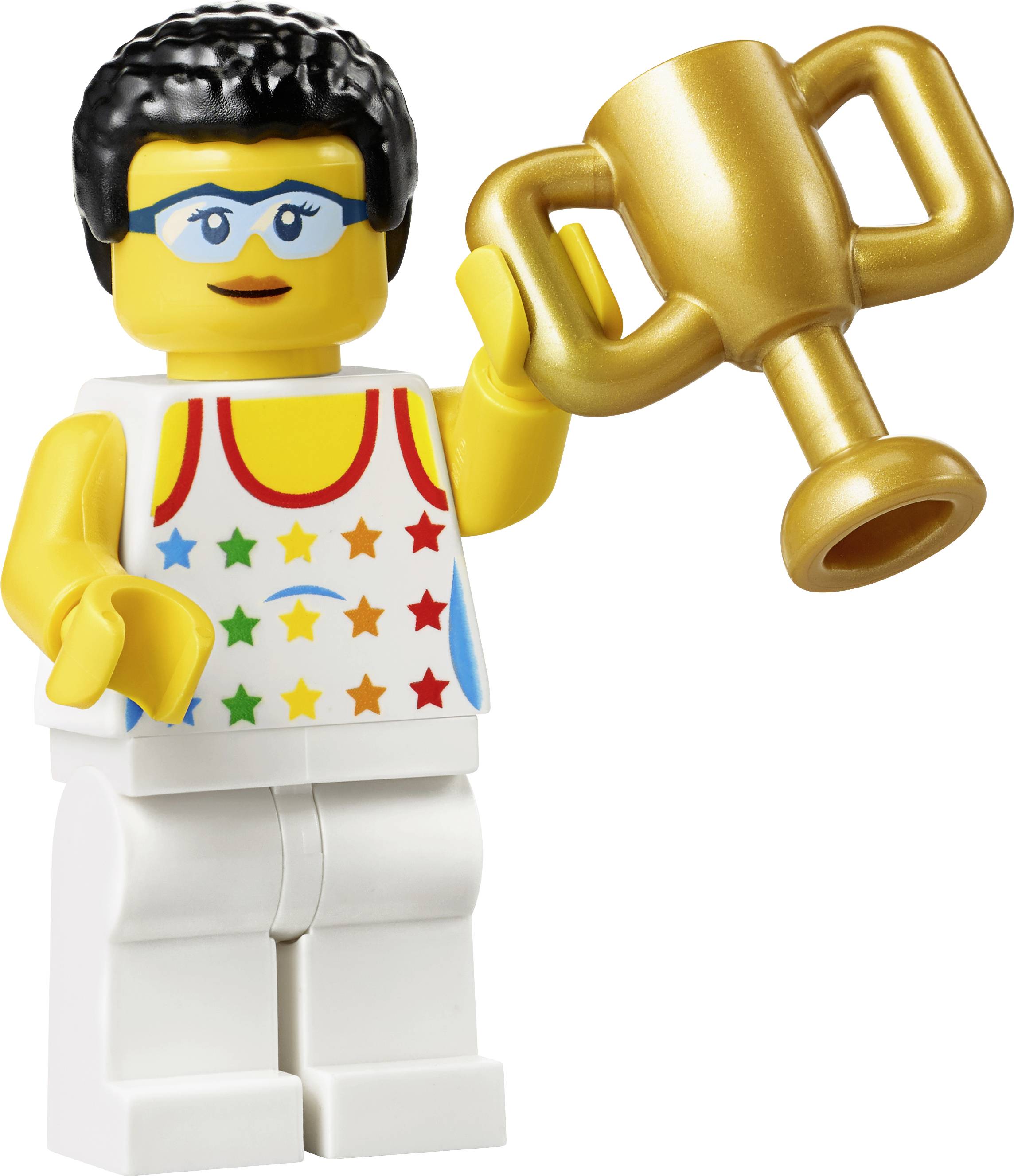 LEGO-Figur in weißem Outfit mit bunten Sternen und Brille hält einen goldenen Pokal hoch. Sie wirkt siegreich und freudig.