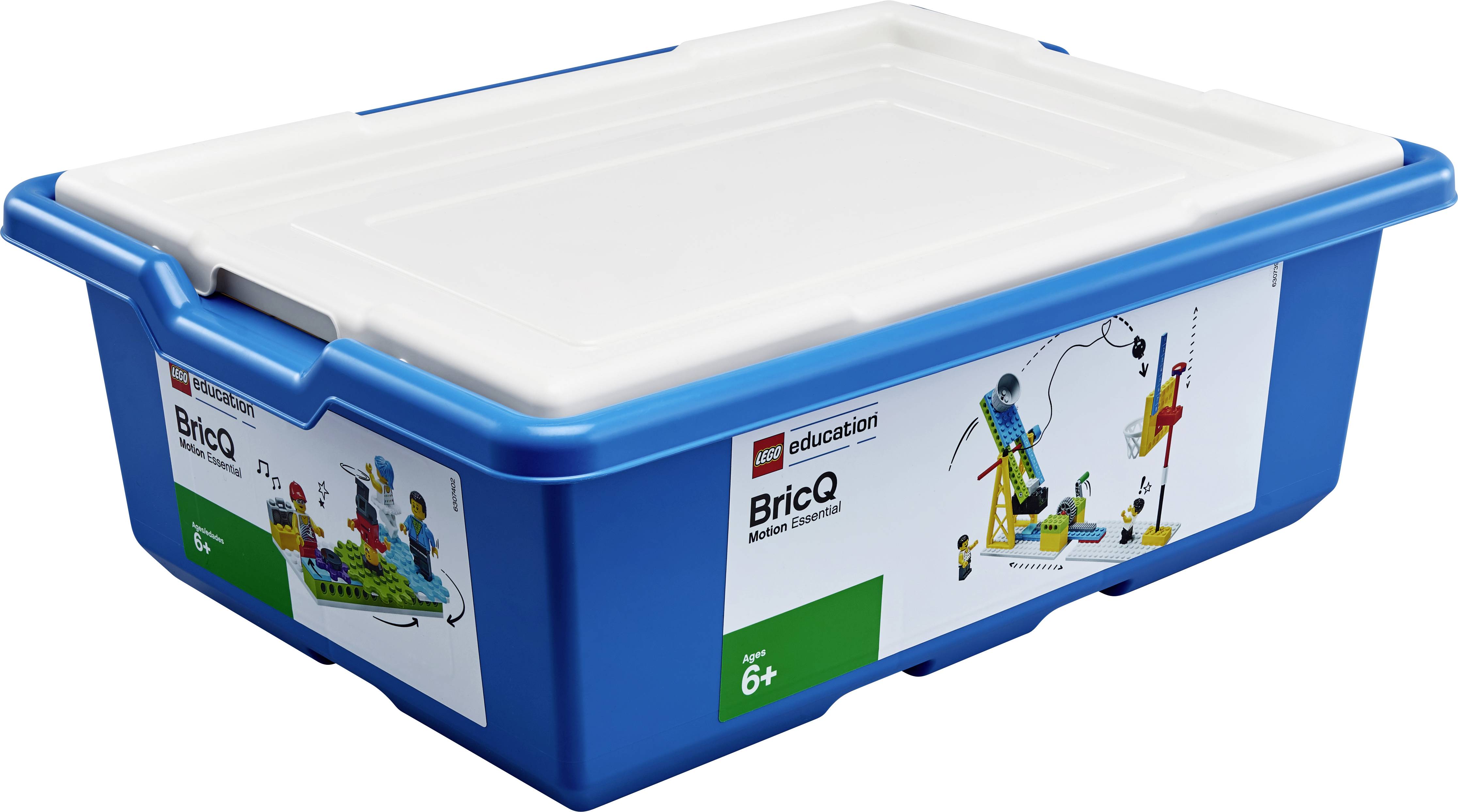 Blauer LEGO Education Behälter mit der Aufschrift 'BricQ', enthält Lernmaterial für Kinder ab 6 Jahren.