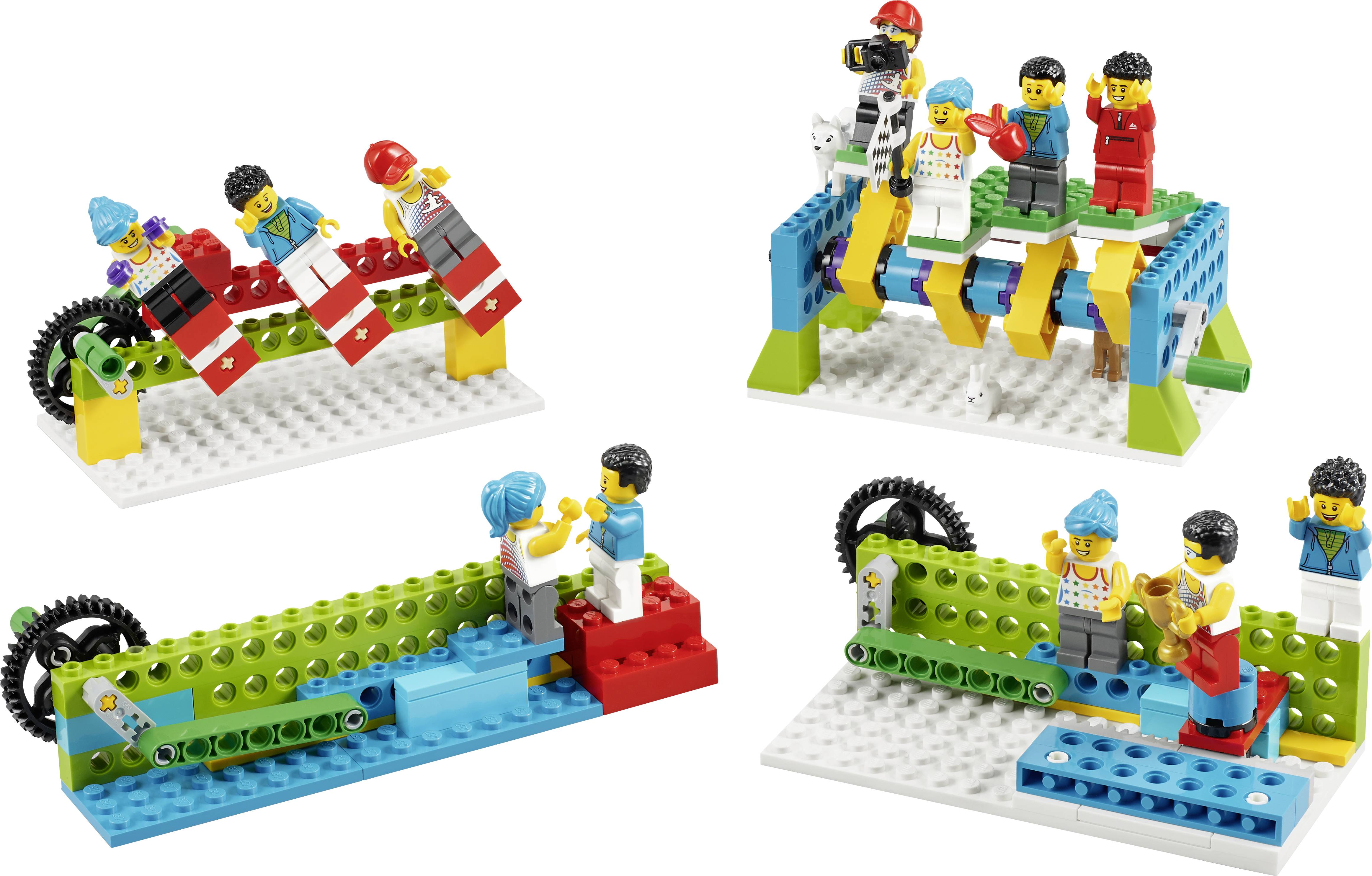 Vier LEGO-Szenen mit Figuren, die verschiedene sportliche Aktivitäten darstellen, wie Skifahren und Basketball. Hauptfarben sind rot, blau und grün.
