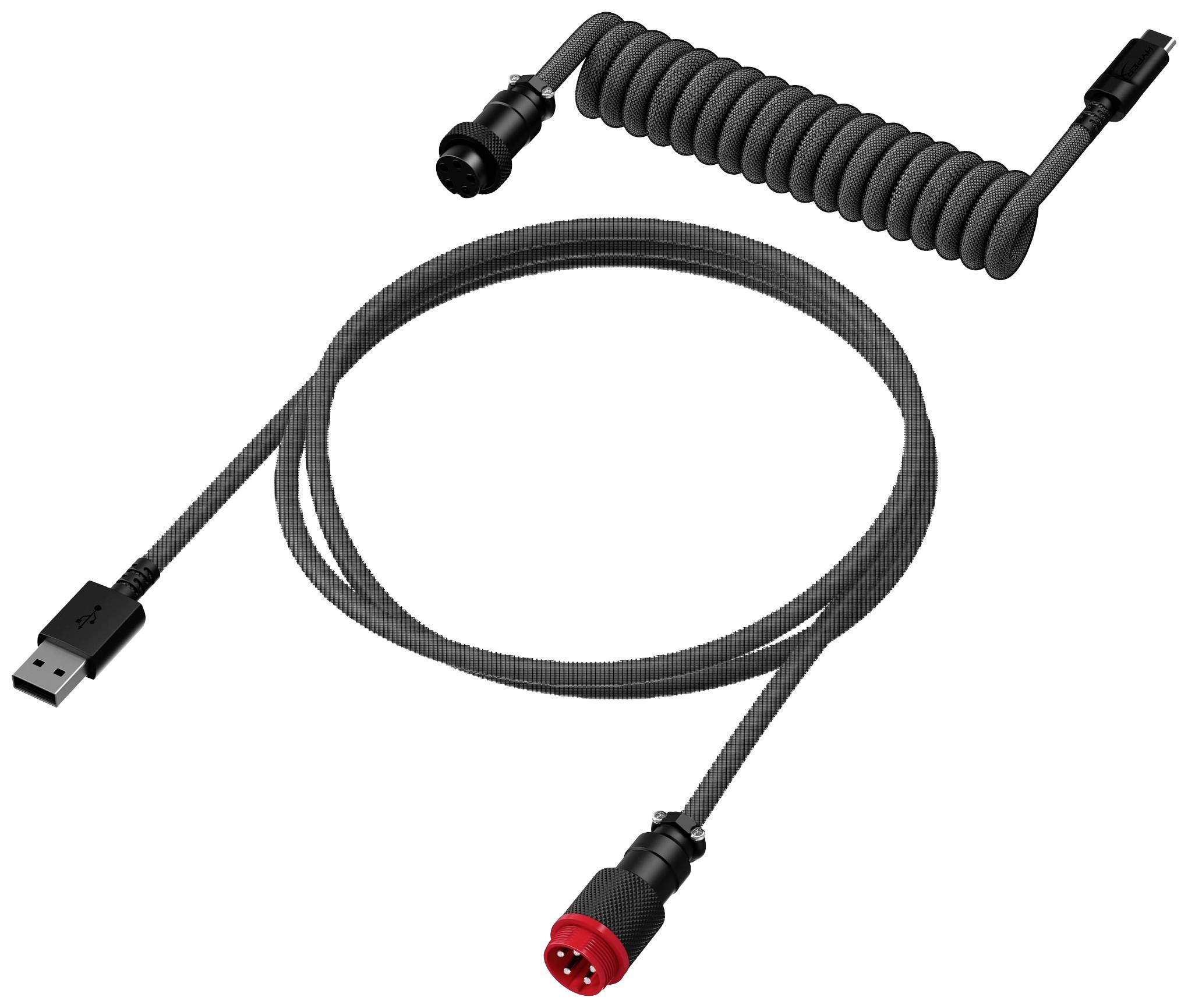 Schwarzes, spiralig gewundenes USB-Kabel mit rotem Adapter und einem Standard-USB-Stecker. Ideal für Tastaturen oder Elektronikzubehör.