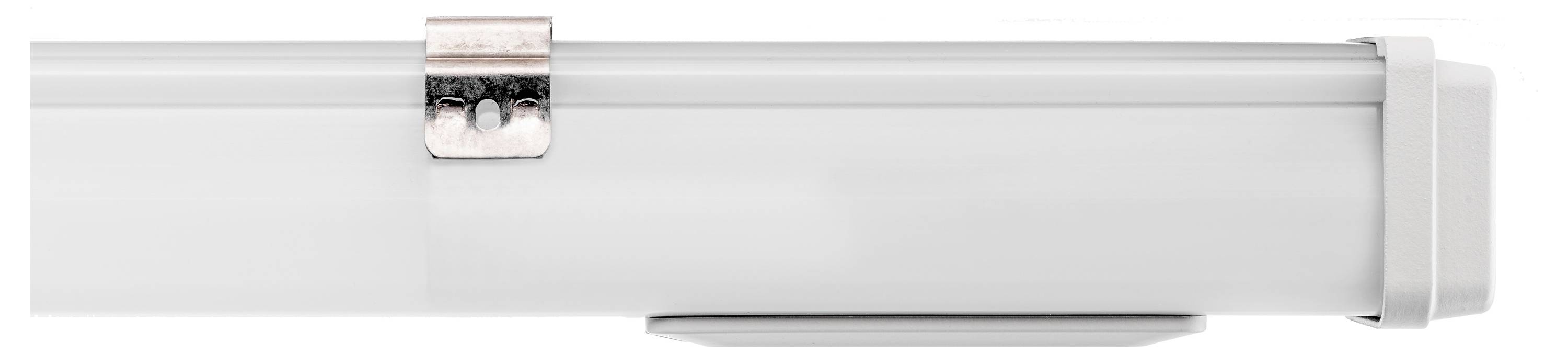 Ein weißes, rechteckiges Gehäuse mit einem silbernen Verschluss. Möglicherweise ein Teil eines Leuchtkastens oder Gehäuses.
