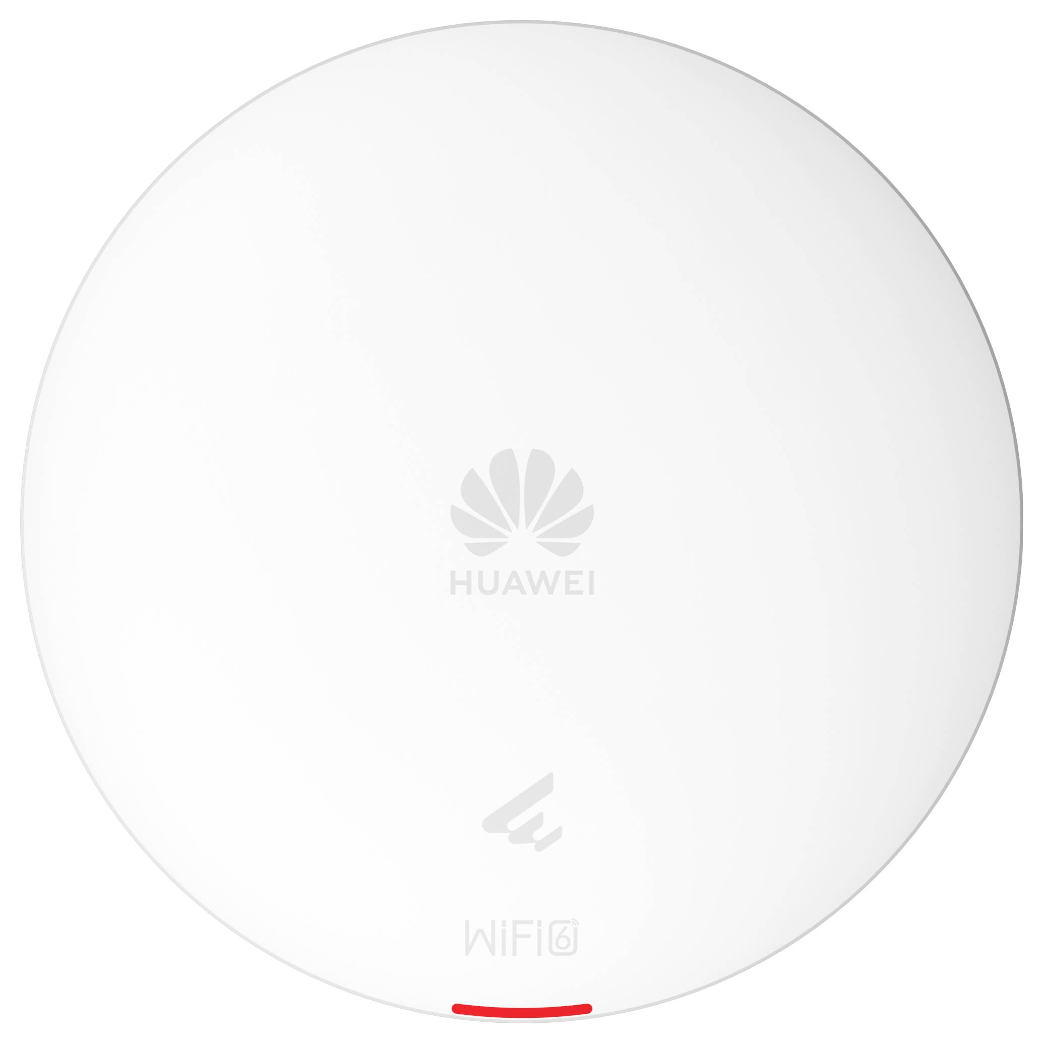 Runder, weißer Huawei-WLAN-Router mit 'WiFi 6'-Kennzeichnung in der Mitte und einem roten Lämpchen am unteren Rand.