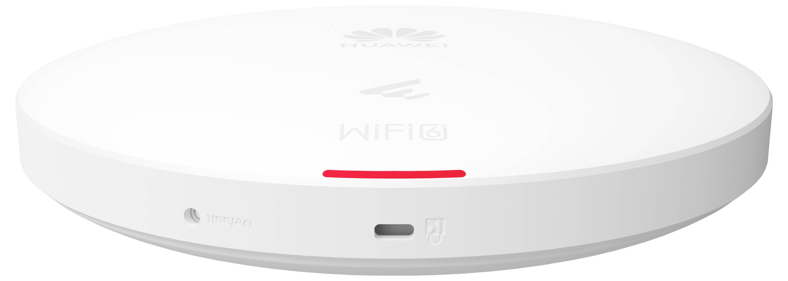 Ein weißer, runder WLAN-Router mit Huawei-Logo. Er zeigt eine rote LED-Anzeige und hat Anschlüsse an der Seite.
