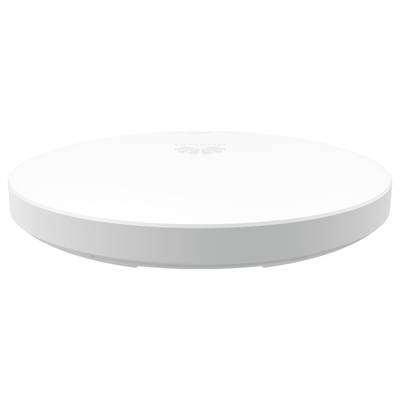 Weißer, runder WLAN-Router, flach mit glatter Oberfläche. Geeignet für modernes Heiminternet.