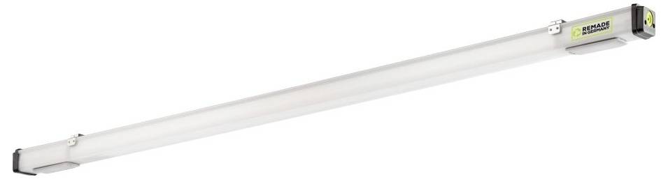 Ein rechteckiger LED-Baustrahler von DeWalt, länglich und weiß, mit schwarzem Ende und gelbem Logo, geeignet für Arbeitsbereiche.