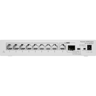 Frontansicht eines Huawei eKitEngine S110-8P2ST Netzwerk-Switches mit acht Ethernet-Ports, zwei SFP-Ports und beschrifteten LED-Indikatoren.
