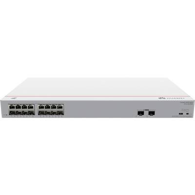 Ein Netzwerk-Switch mit mehreren Ethernet-Ports, beschriftet mit 'Huawei'. Das Gerät ist weiß mit einer roten Linie an der Oberseite.