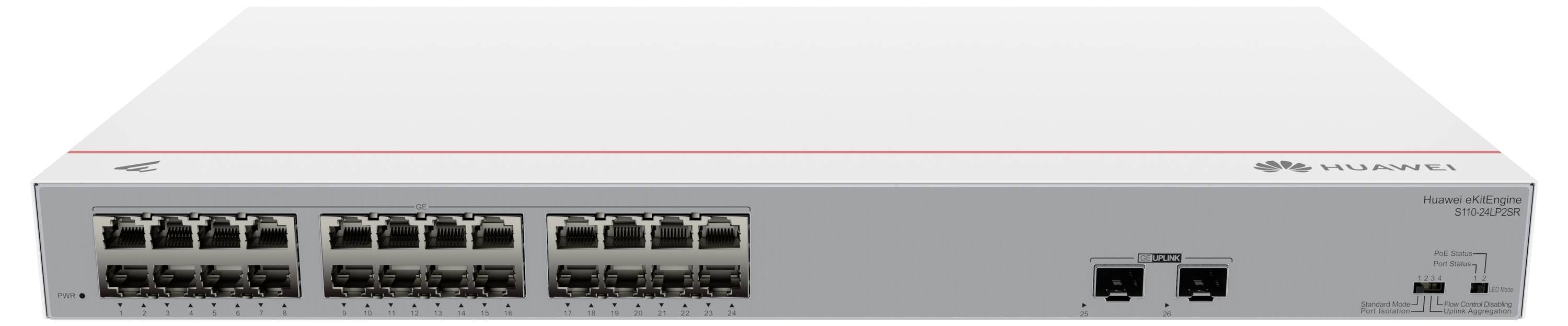 Ein Netzwerk-Switch mit mehreren Ethernet-Ports und zwei optischen Anschlüssen auf der Vorderseite, von Huawei.