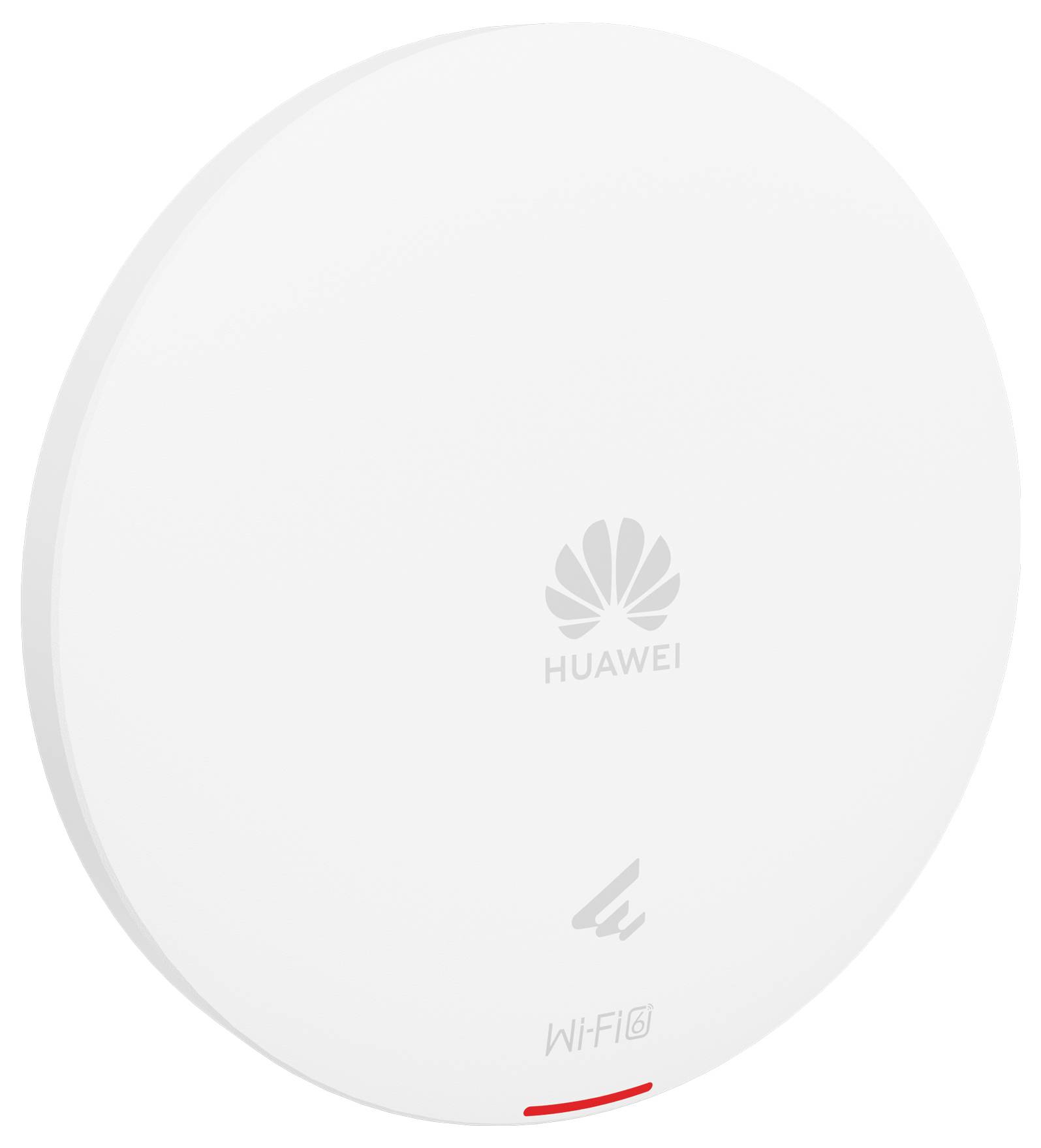 Ein kreisförmiger WLAN-Router von Huawei mit Wi-Fi 6 Technologie, weißes Gehäuse und kleinem roten Streifen unten.