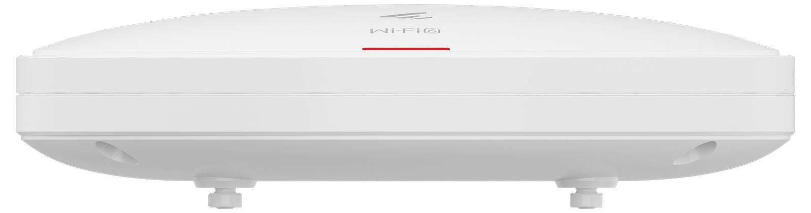 Ein weißer, runder WLAN-Access-Point von unten, mit einem roten LED-Streifen und zwei Montagehalterungen.
