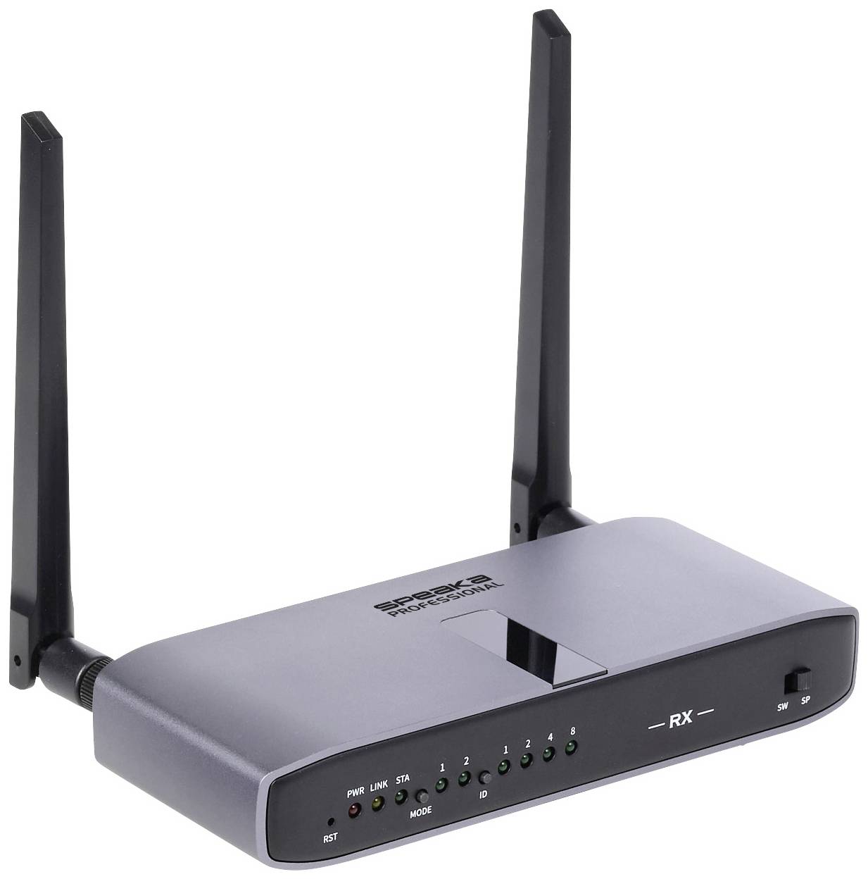 Ein Wi-Fi-Router mit zwei schwarzen Antennen. Vorderseite zeigt mehrere Status-LEDs.