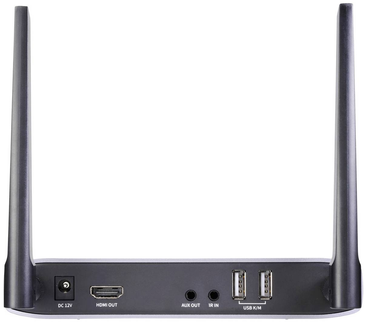 Rückansicht eines Netzwerkrouters mit zwei Antennen. Anschlüsse von links nach rechts: Strom, HDMI, AUX, IR, zwei USB-Ports.