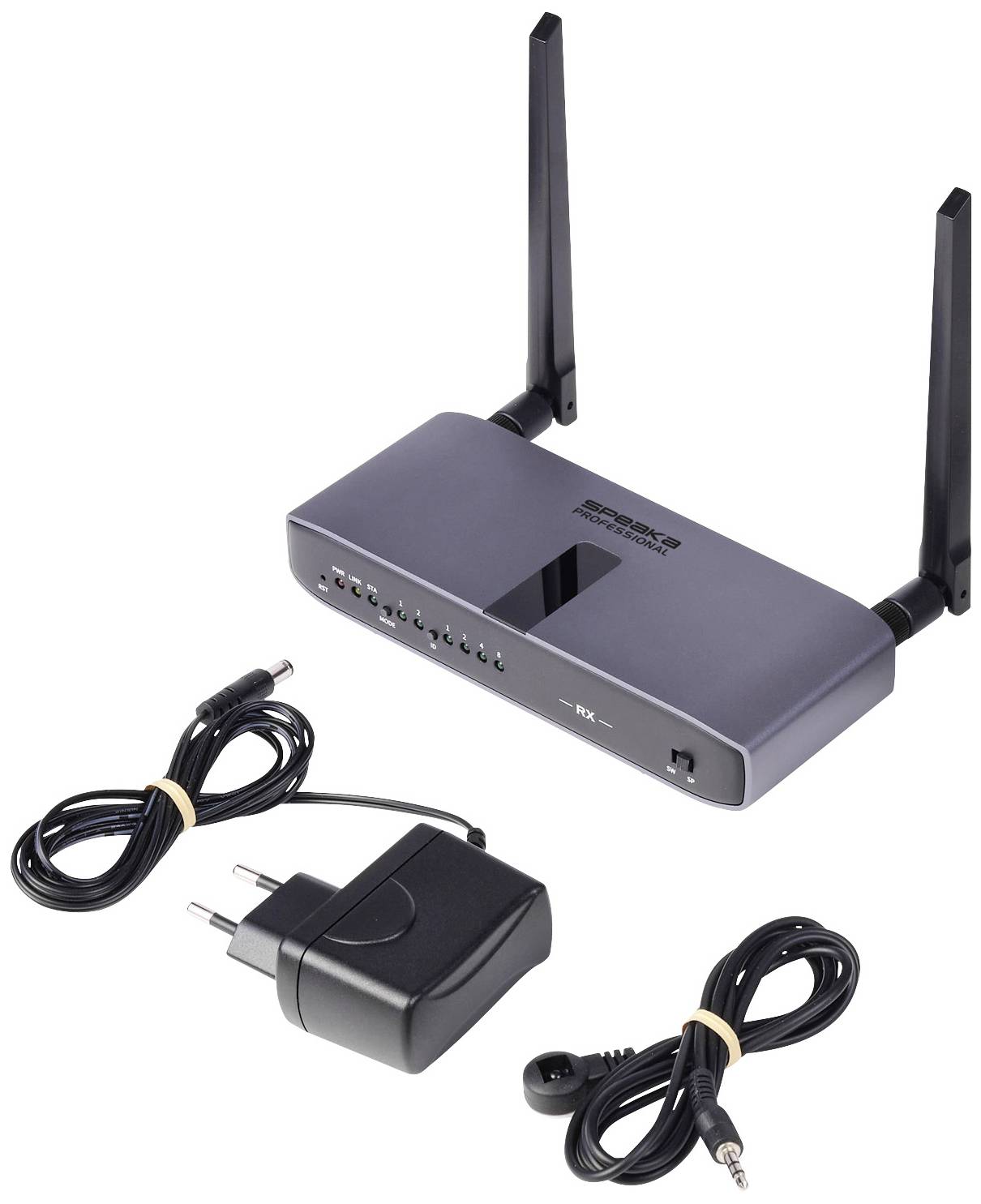 Ein drahtloser Empfänger mit zwei Antennen, acht LED-Anzeigen und Eingangsanschluss. Daneben liegen ein Netzadapter und ein Audiokabel.