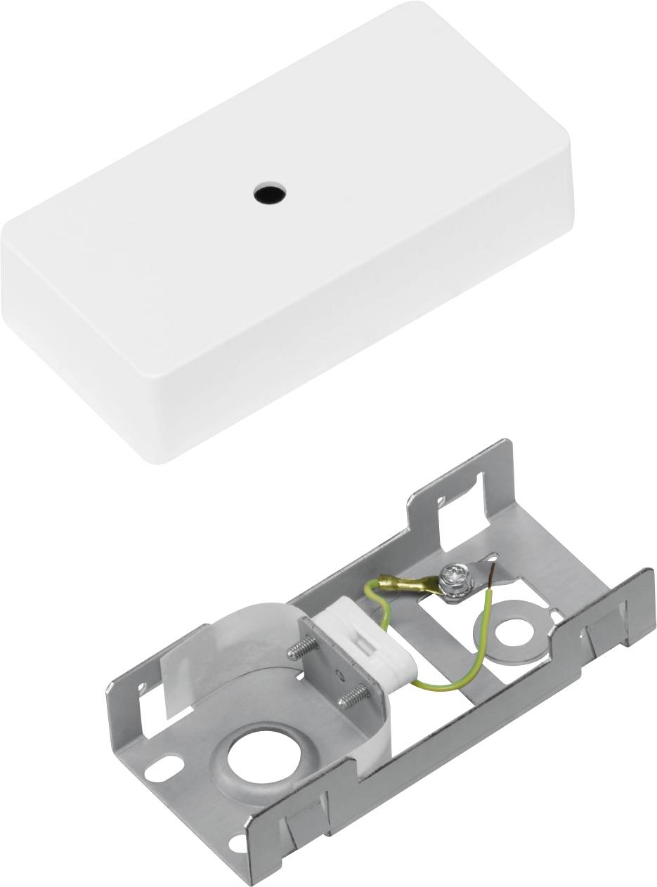 Weiße, rechteckige Abdeckung und Metallhalterung mit Erdungskabel. Teil eines elektrischen Steckdosensets.