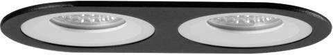 Eine schwarze, ovale Deckenlampe mit zwei runden LEDs, die gleichmäßig in die Oberfläche eingelassen sind.
