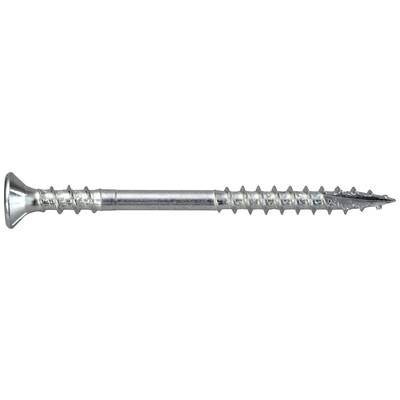 Ein silberfarbener Metallschraube mit Kreuzschlitzkopf und spitzen Gewinden, auf weißem Hintergrund dargestellt.