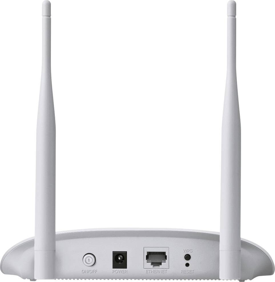 Rückseite eines WLAN-Routers mit zwei Antennen. Zu sehen sind Anschlüsse für Strom, Ethernet, WPS und Reset.