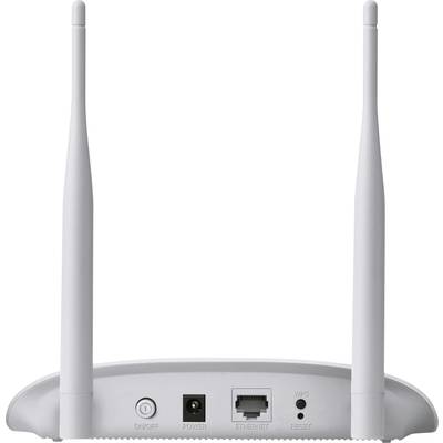 Rückseite eines WLAN-Routers mit zwei Antennen. Zu sehen sind Anschlüsse für Strom, Ethernet, WPS und Reset.