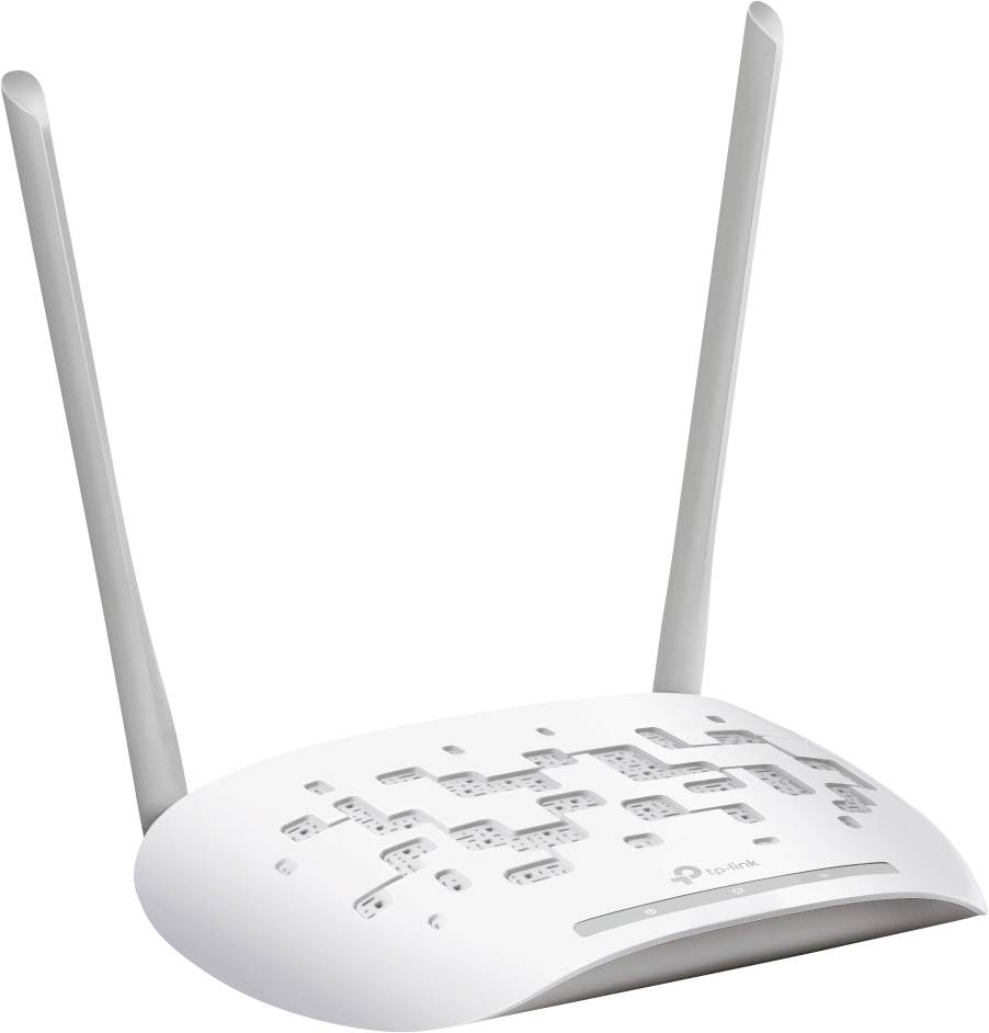 Ein weißer WLAN-Router mit zwei vertikalen Antennen. Das Gerät zeigt zahlreiche Lüftungsschlitze und ein Logo auf der Vorderseite.