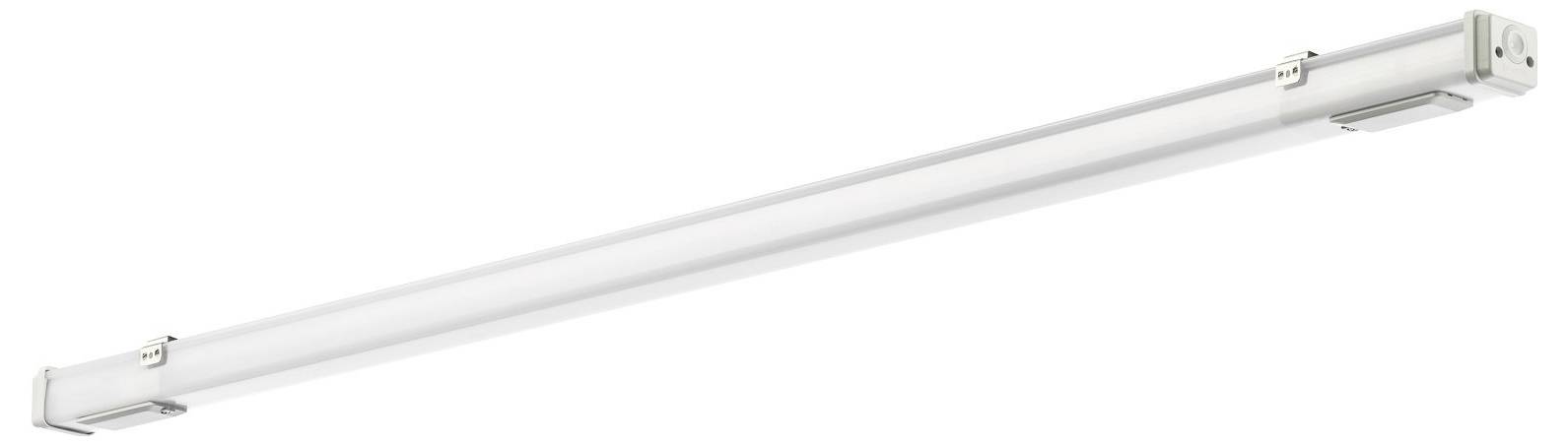 Eine lange, weiße LED-Leuchte, die für die Deckenmontage geeignet ist. Sie hat ein schlichtes Design für Innenraumbelichtung.