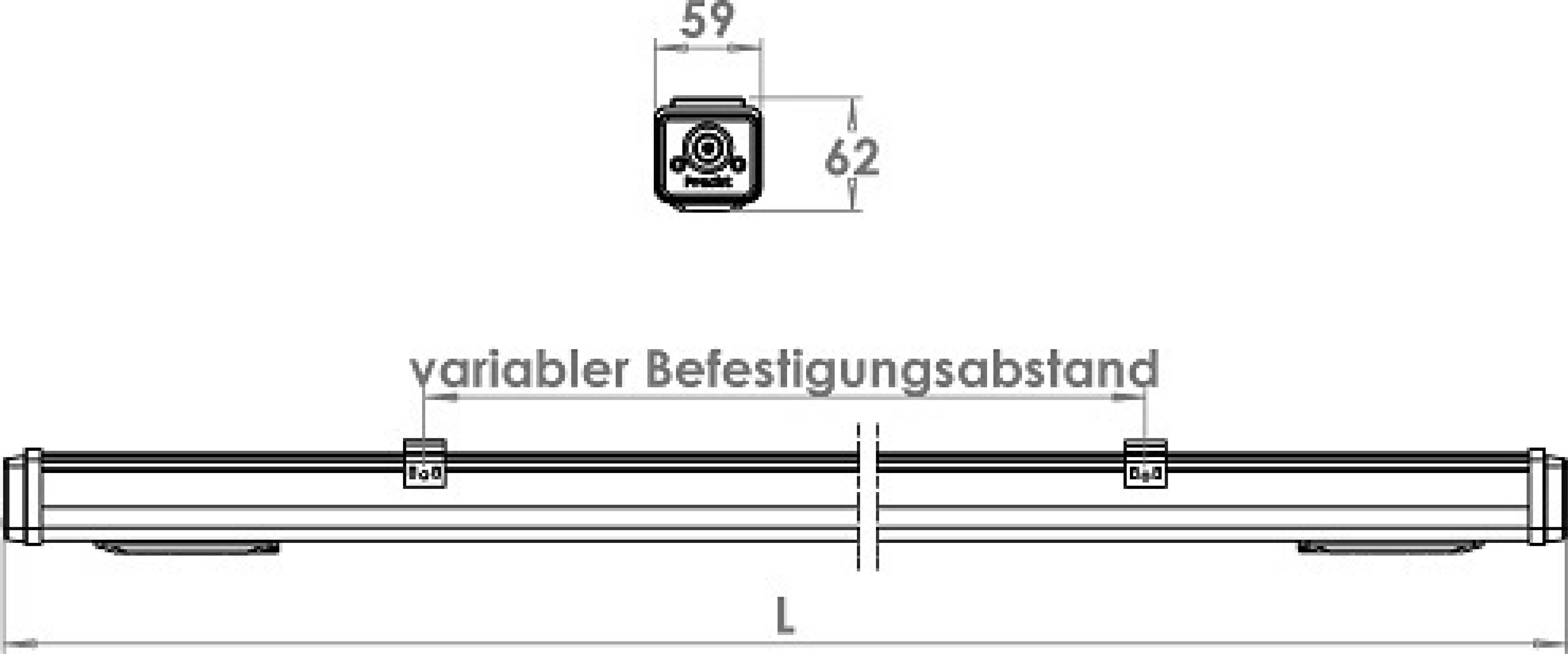 Zeichnung einer Leuchte mit variablen Befestigungsabständen, Breitenangaben 59 und 62 mm. Oben Detailansicht eines Anschlusses.