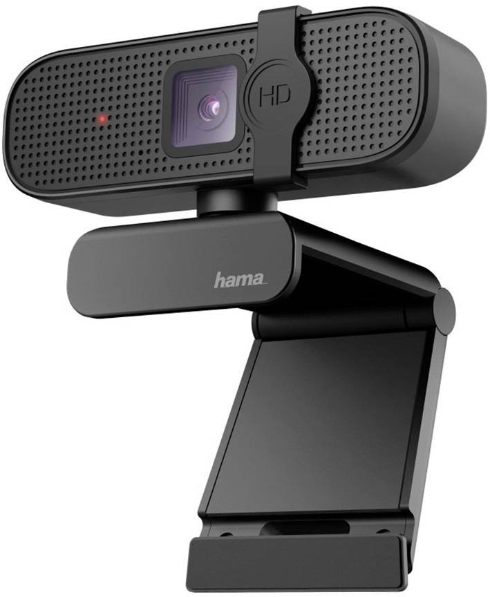 Webcam mit Halterung, schwarzes Gehäuse, rechteckige Form, geeignet für Videoanrufe oder Streaming, LED-Anzeige oben links.