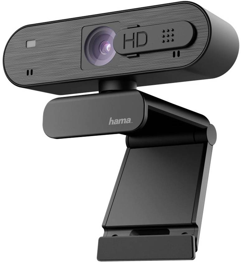Schwarze HD-Webcam von Hama mit eingebautem Mikrofon und verstellbarem Standfuß, geeignet für Videoanrufe und Streaming.