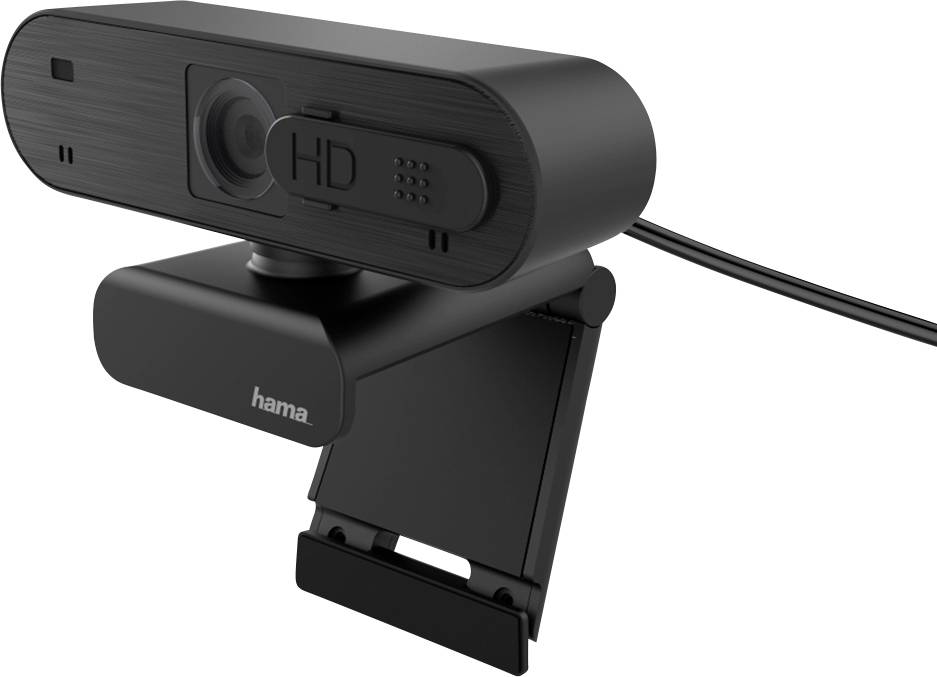 Schwarze HD-Webcam von Hama mit USB-Anschluss, ideal für Videoanrufe und Streaming, in einem kompakten und modernen Design.