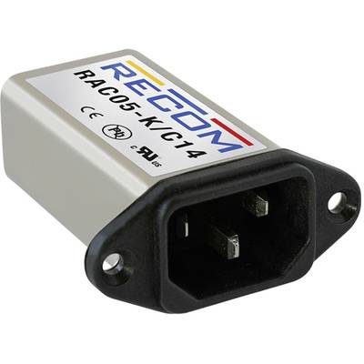 Stromadapter von RECOM, Modellnummer RAC05-K/C14. Rechteckig, silberfarben mit schwarzem Kunststoffabschluss, Stecker mit drei Kontakten.