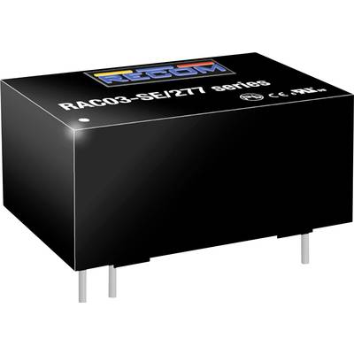 Schwarzes elektronisches Bauteil der Serie RAC03-SE/277 von RECOM, rechteckig, mit silbernen Anschlüssen, Logos und Zertifizierungen sichtbar.