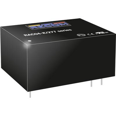 Schwarzes elektronisches Bauteil mit der Aufschrift 'RAC04-K/277 series'. Zeigt Zertifikate CE und EAC. Duale Metallstifte unten.