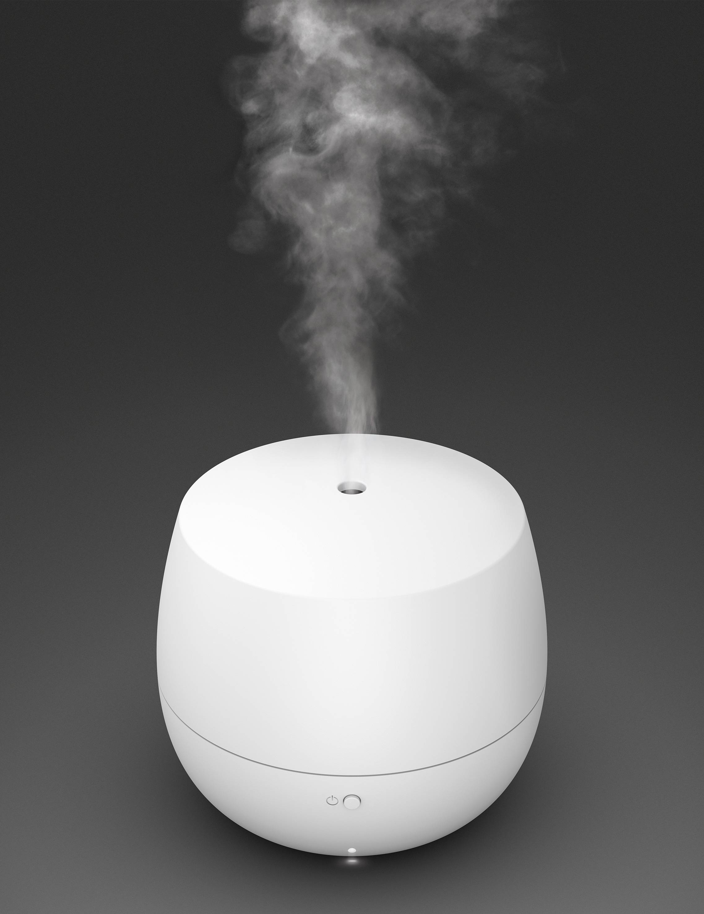 Weißer Luftbefeuchter stößt beruhigenden Dampf in die Luft aus, vor einem dunklen Hintergrund.
