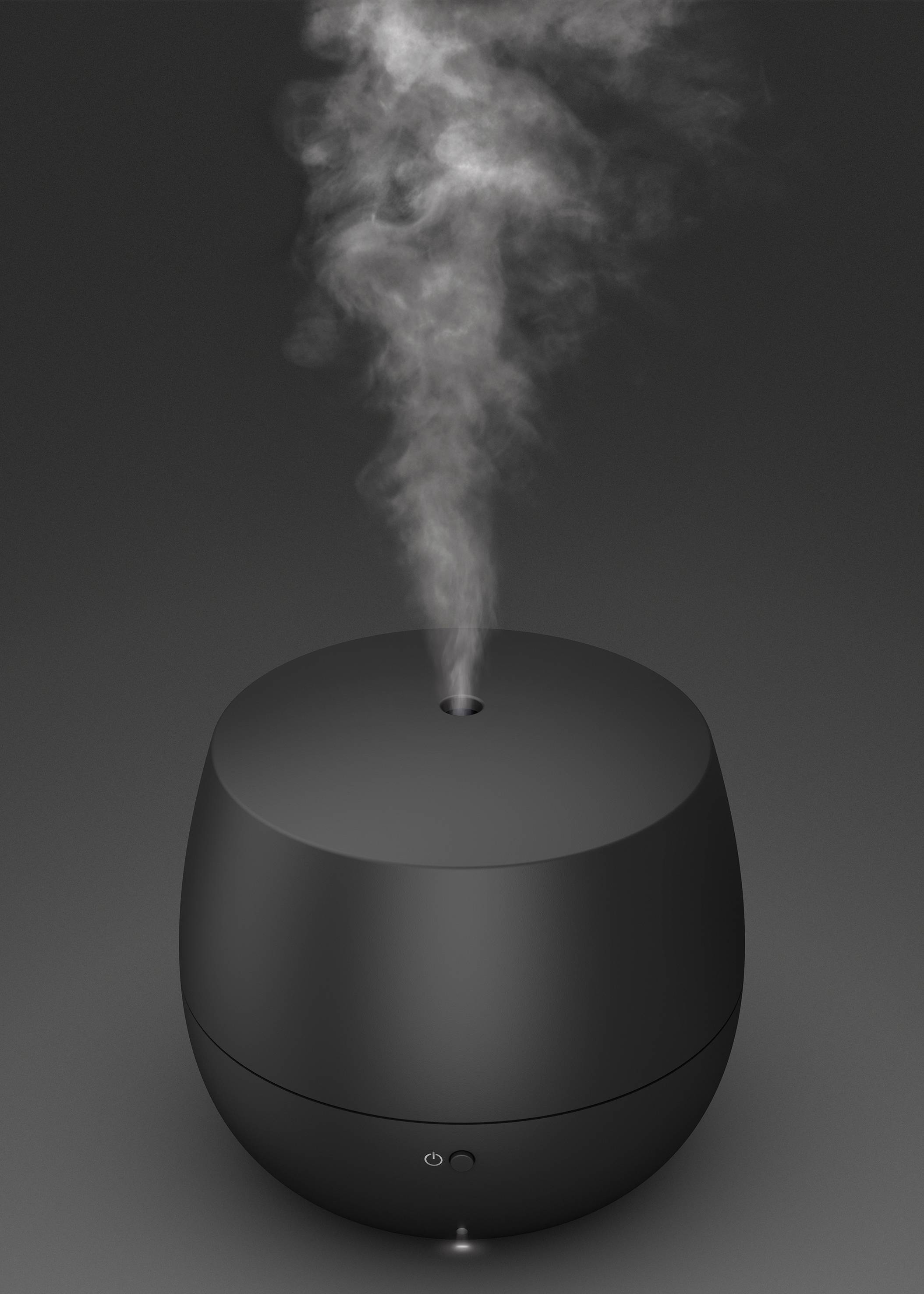 Ein schwarzer Aromadiffusor stößt Dampf aus, auf dunklem Hintergrund.