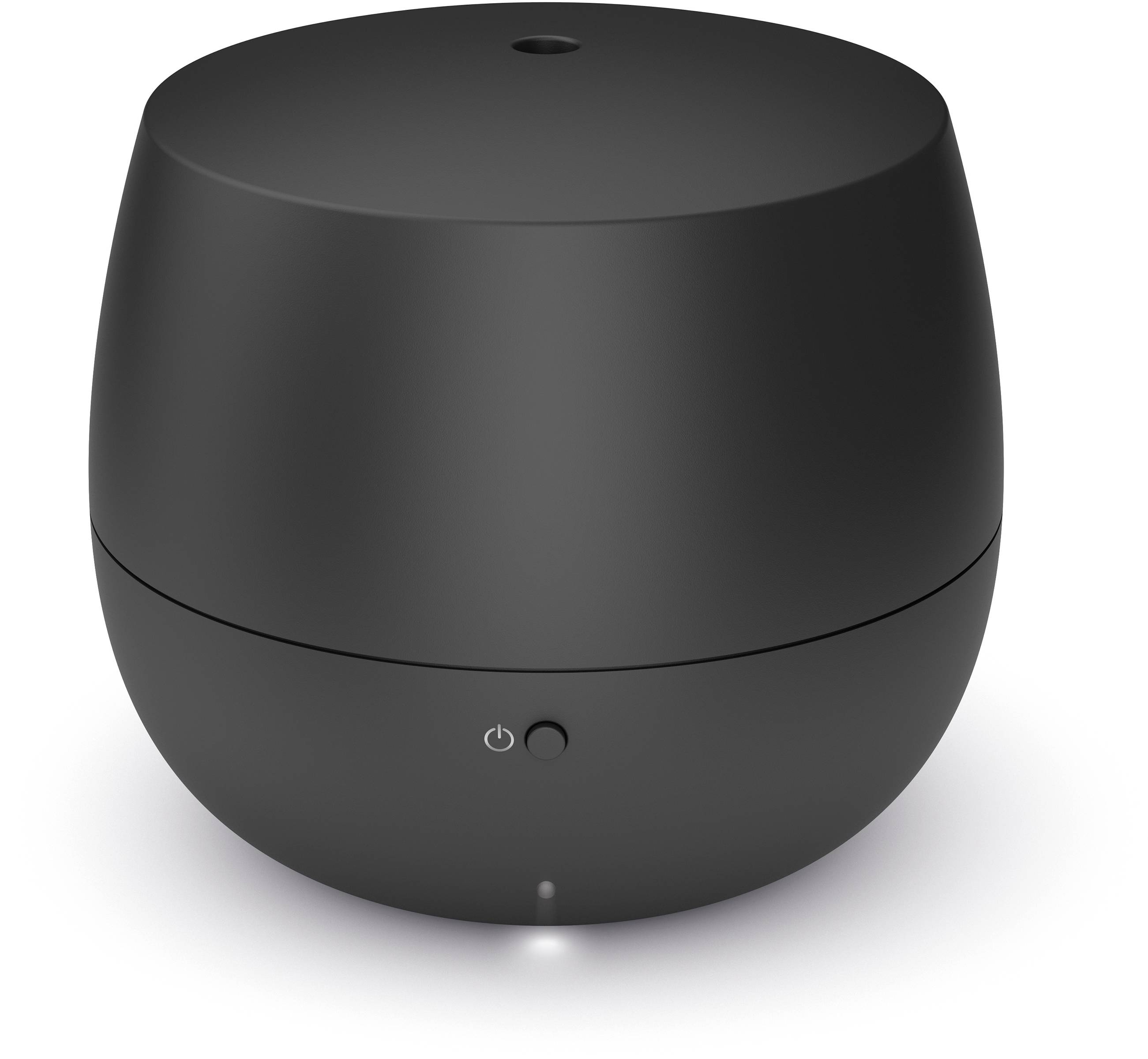 Ein schwarzer, runder Aroma-Diffuser mit einem kleinen Einschaltknopf an der Vorderseite.