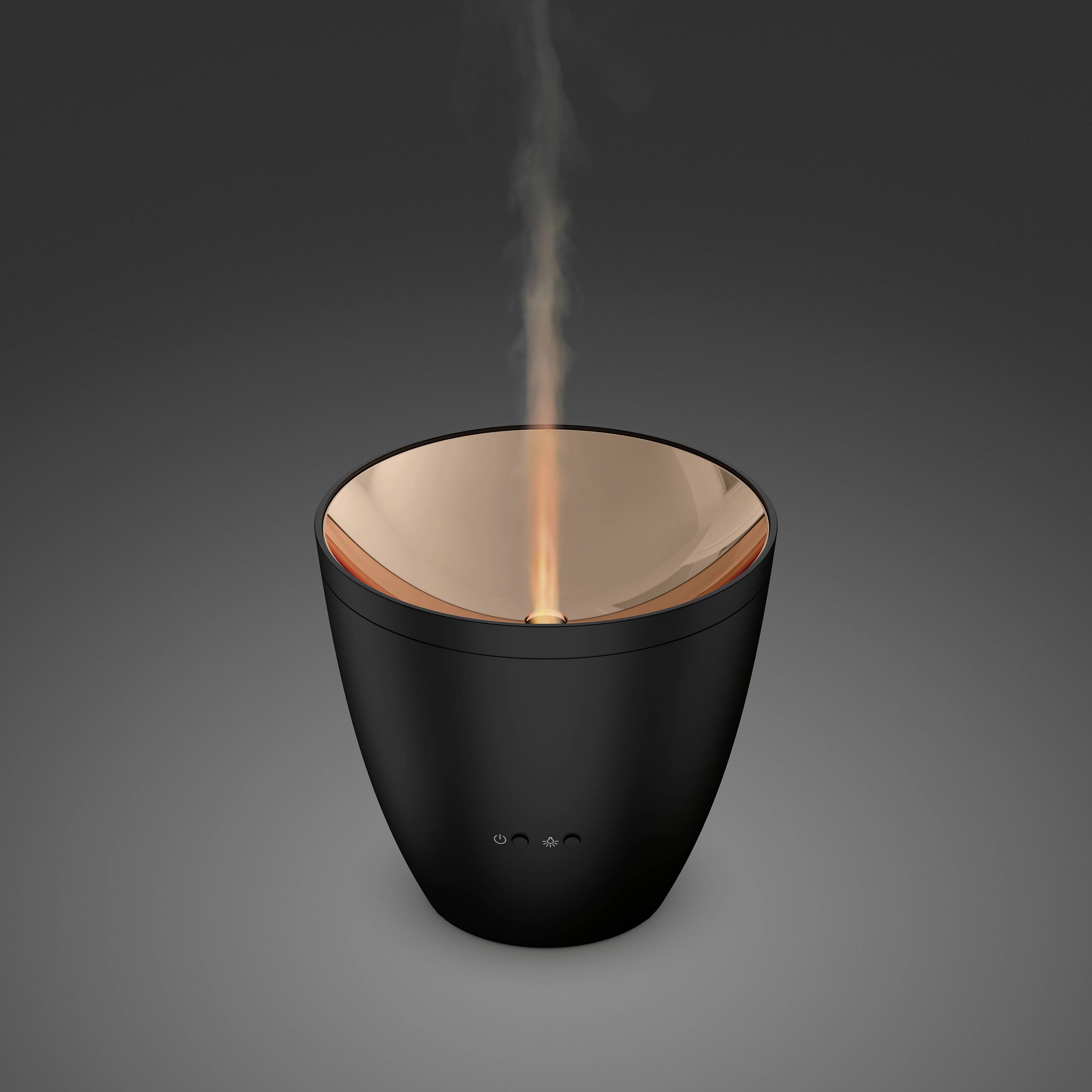 Ein schwarzer elektrischer Aromadiffusor mit einem Kupfereinsatz, aus dem leichter Dampf aufsteigt, vor einem dunklen Hintergrund.
