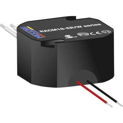 Ein schwarzes elektronisches Bauteil der Serie 'RACM18-ER/W' von RECOM mit Kabeln, das für Stromumwandlung eingesetzt wird.