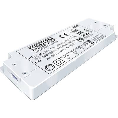 Ein LED-Netzteil mit der Bezeichnung 'RECOM RACV12-120-LP', technischen Spezifikationen und Zertifizierungssymbolen auf der Oberseite.