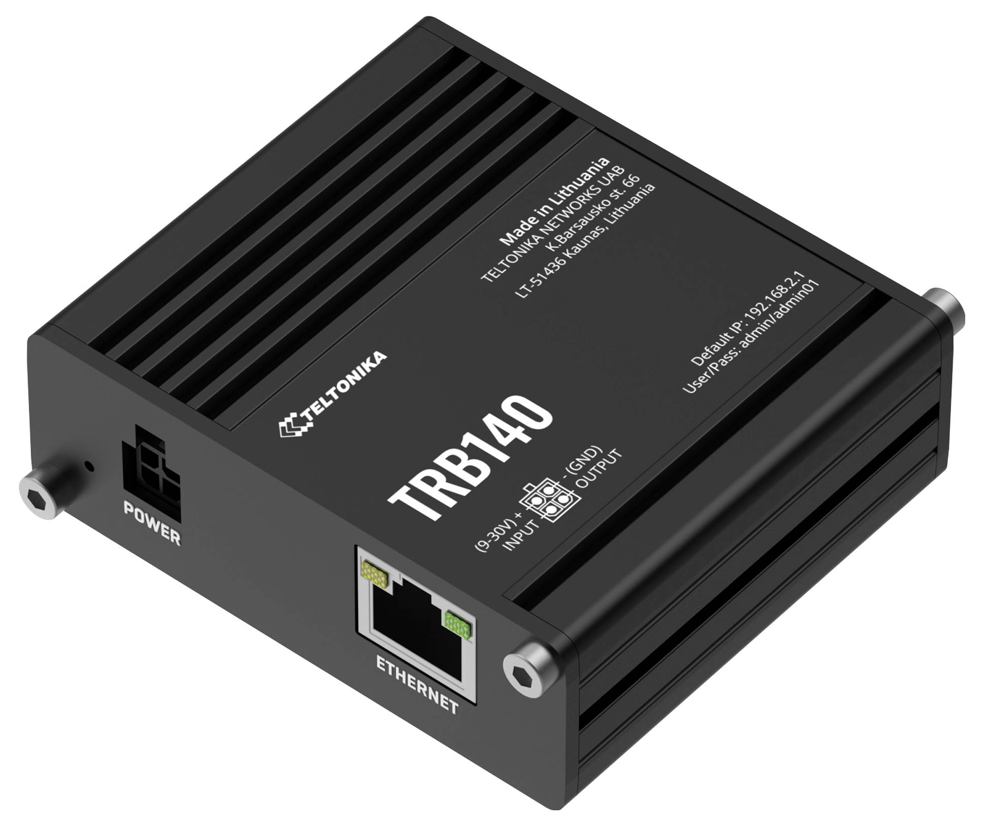 Teltonika TRB140 Industrie-Router/Modem mit Stromversorgungs- und Ethernet-Anschlüssen in einer angewinkelten Produktansicht.