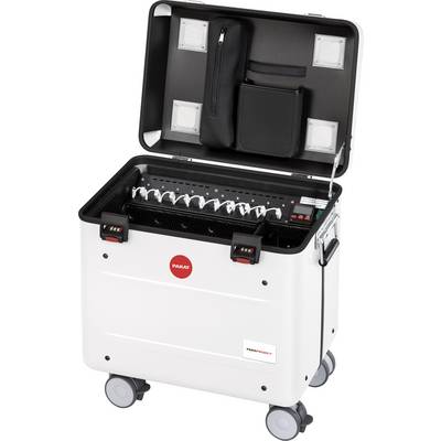 Ein offener Transportkoffer auf Rädern mit Fächern zur Aufbewahrung von Geräten. Geeignet für den sicheren Transport elektronischer Geräte.