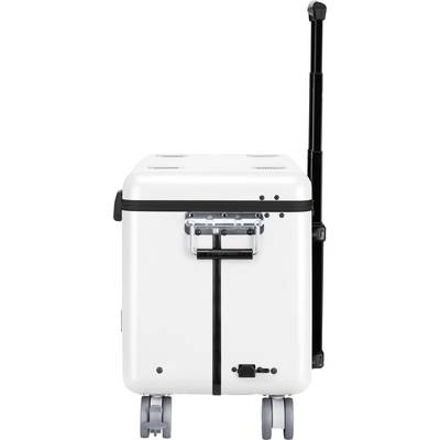 Weiße Kühlbox mit ausziehbarem Griff und Rollen. Designed für einfachen Transport von Lebensmitteln.